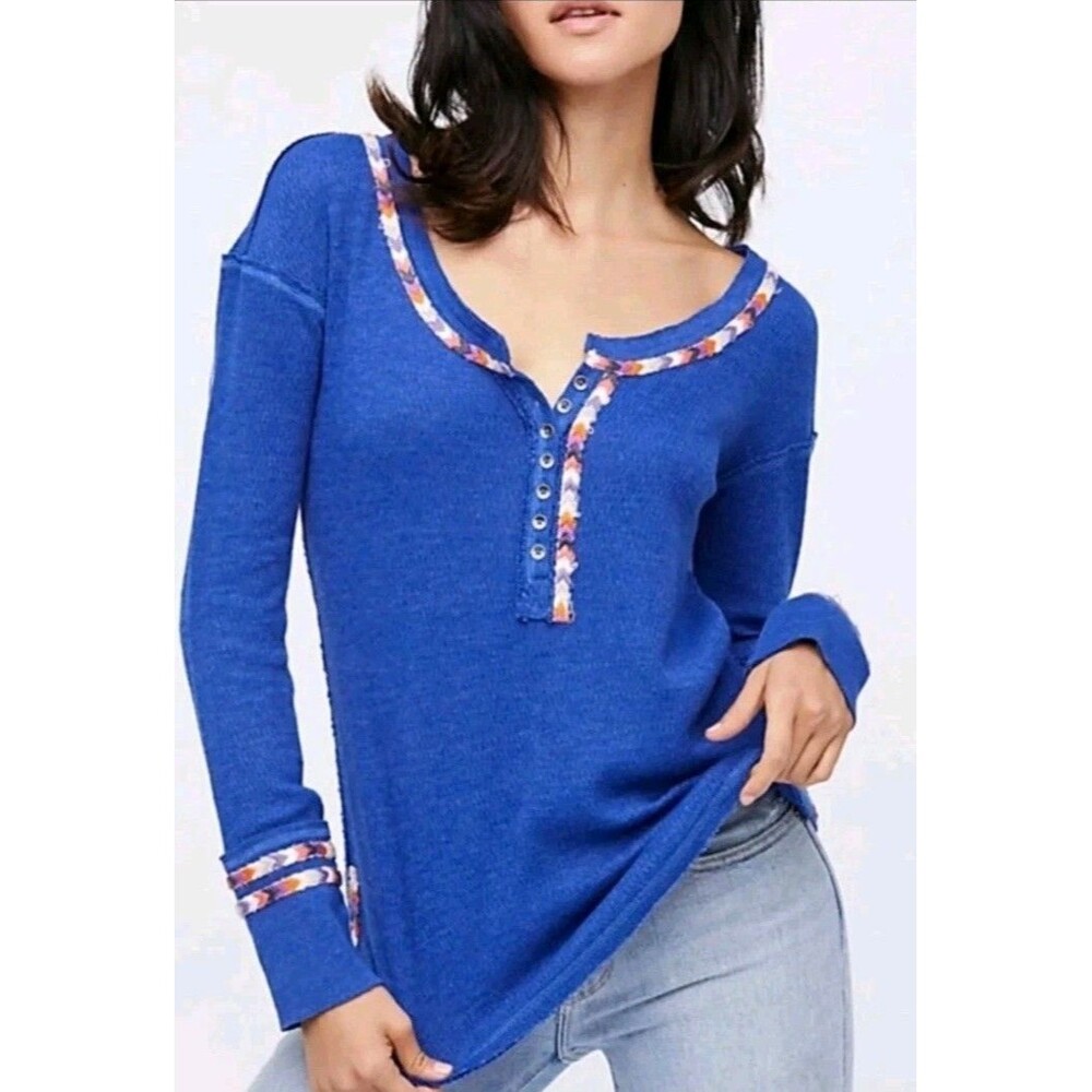 Free People We The Free Blue Thermal Rainbow Trim Henley S Embroidered Boho